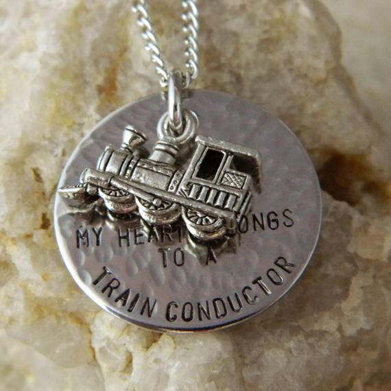 My Heart Belongs to a Train Conductor Handstamped Necklace with Large Train